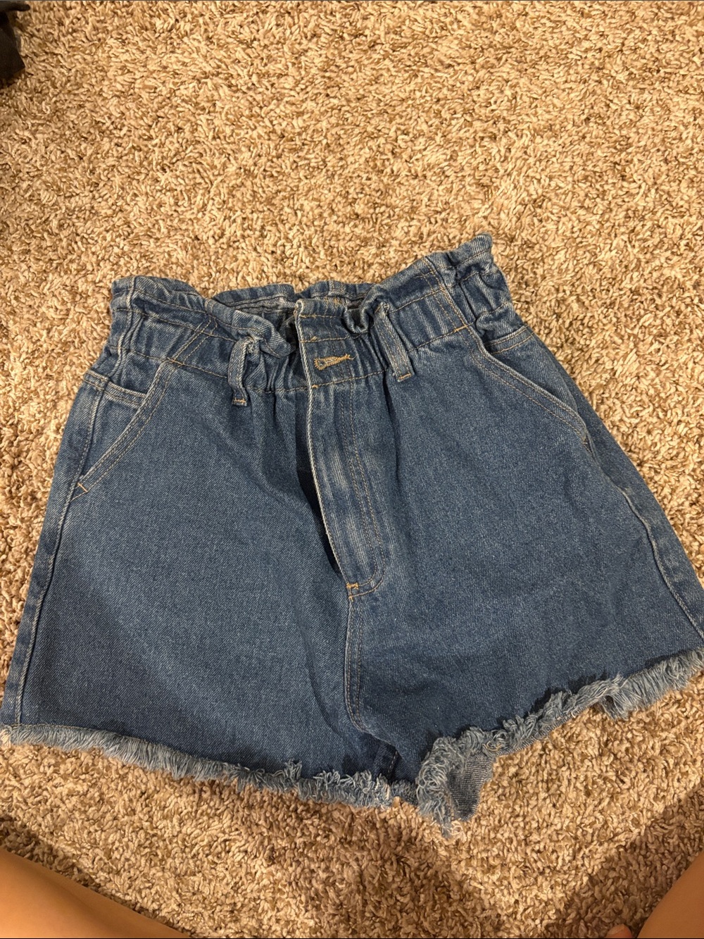 High-Rise Denim Paperbag Shorts in Blue